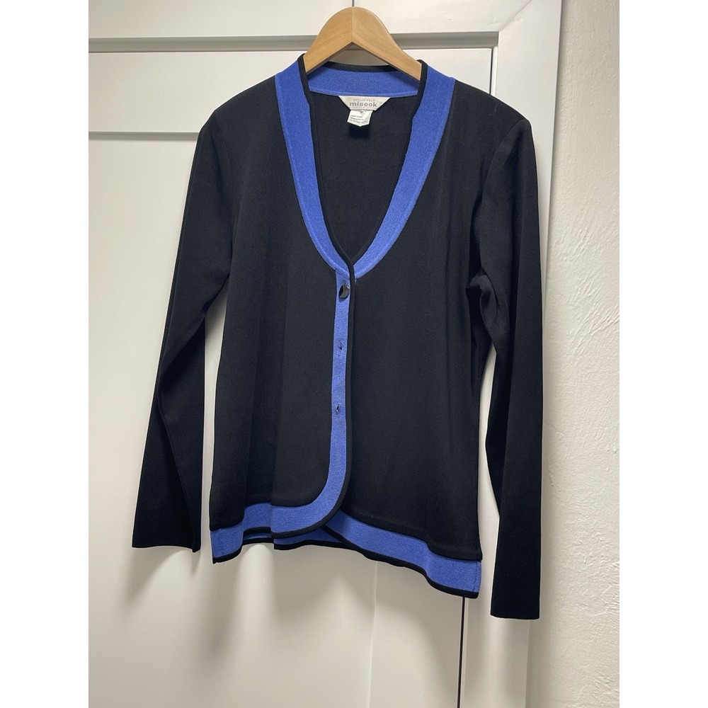 Exclusively Misook Black / Blue Trim Cardigan Sweater Women's Size Medium